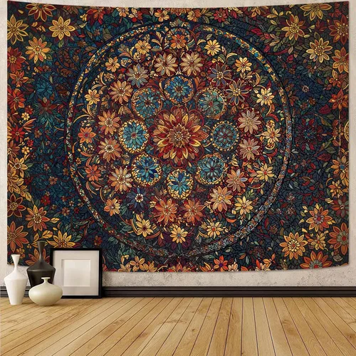 Vista 26 de Fowocu Tapiz bohemio con mandala floral para colgar en la pared, medallón de flores bohemias, tapiz estético, beige, naranja, hippie, indio, pequeño