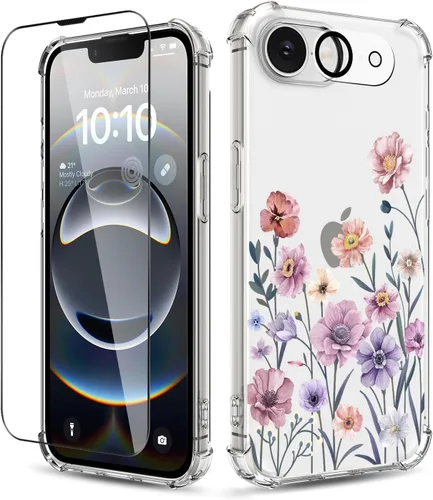 Vista 26 de Funda para iPhone 14, [3 en 1] con protector de pantalla y protector de lente de cámara, diseño de patrón de flores, transparente, suave, a prueba