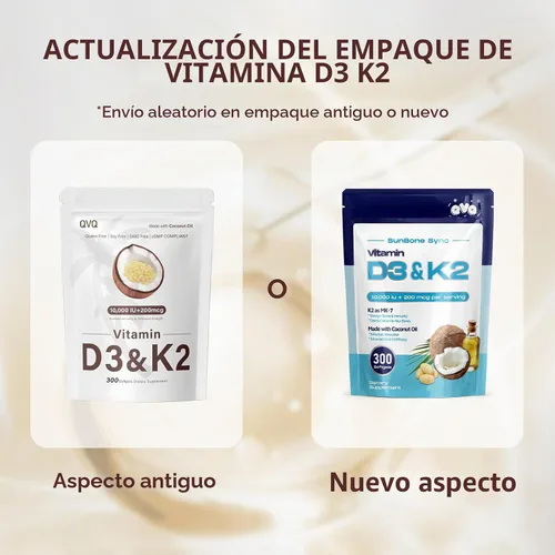 Vista 2 de 300 Piezas 2 en 1 Vitamina D3 10000 iu Plus K2 (MK-7) 200 mcg Cápsulas Blandas de Aceite de Coco Virgen con Vitaminas D y K Apoya la Absorción
