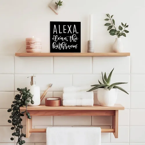Vista 7 de SJNH Divertido letrero de madera negra para baño, estante de baño, decoración de escritorio Divertido letrero de madera negra para baño con Alexa