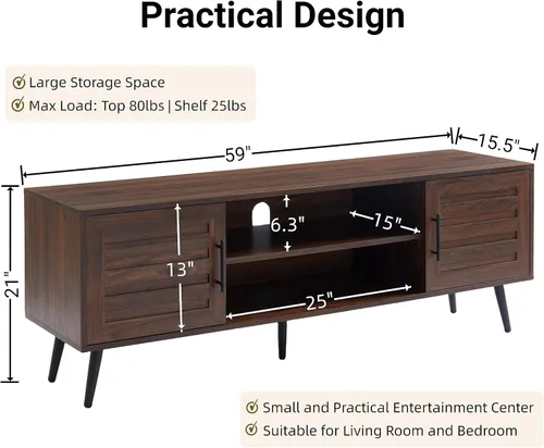 Vista 6 de EDYO LIVING Soporte de TV moderno de mediados de siglo para TV de 65 pulgadas, soporte de TV de madera con armario de almacenamiento y estante