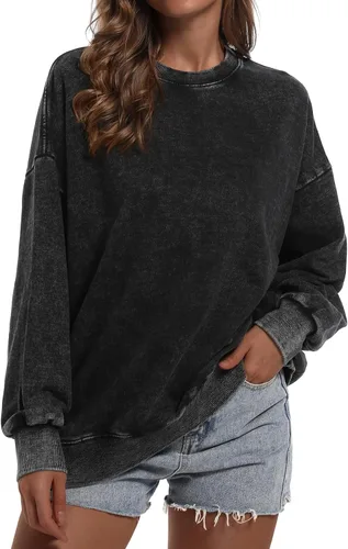 Vista 2 de BINTEHGS Sudadera de gran tamaño para mujer, ajuste holgado, de algodón, estilo vintage, cuello redondo, con bolsillo, manga larga