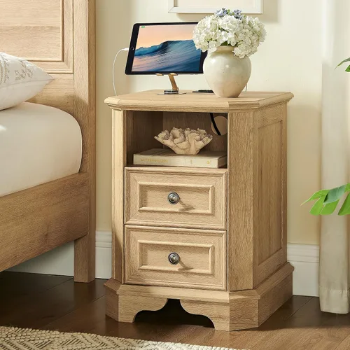 Vista 13 de T4TREAM - Mesa de noche rústica con estación de carga, mesa auxiliar de madera de 18 pulgadas con 2 cajones, para dormitorio y sala de estar