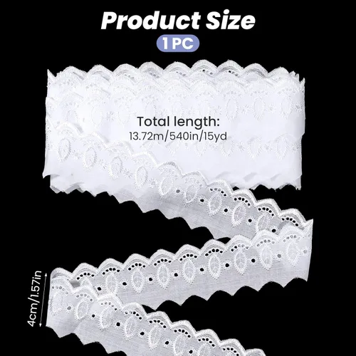 Vista 2 de Ribete de encaje de algodón de 15 yardas, cinta de encaje con ojales blancos, borde ondulado, bordados florales para coser vestidos, ropa, bolsas