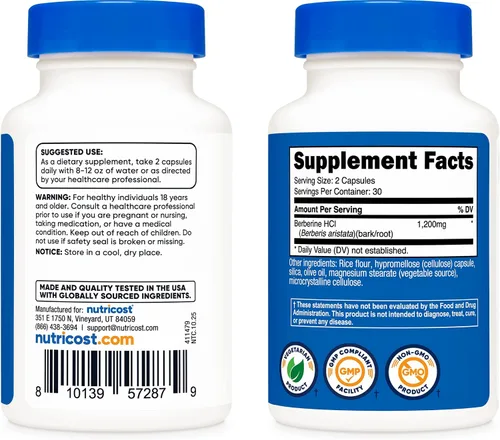 Vista 6 de Nutricost Berberina HCl 1200 mg, 60 cápsulas vegetarianas, sin gluten y sin OMG