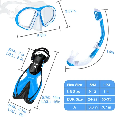 Vista 5 de Supertrip Kids Snorkeling Set, Snorkeling Gear for Kids, Children Mask Fin Snorkel Set with Tempered Glass, Snorkel Mask Diving Goggles, Dry Top