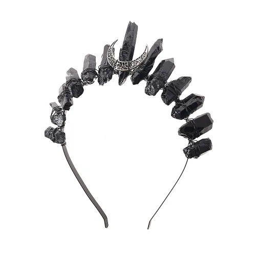 Vista 11 de Bubbmi Diadema de tiara negra de cristal crudo, cuarzo natural, luna, diosa, bruja, moda, banda para el pelo para fiesta de cosplay Wiccan