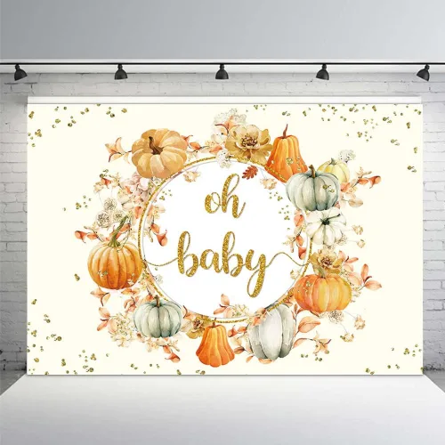 Vista 9 de MEHOFOND Fondo de otoño de 7 x 5 pies con diseño de calabaza Oh Baby en colores pastel, acuarela, azul, floral, recién nacido, baby shower