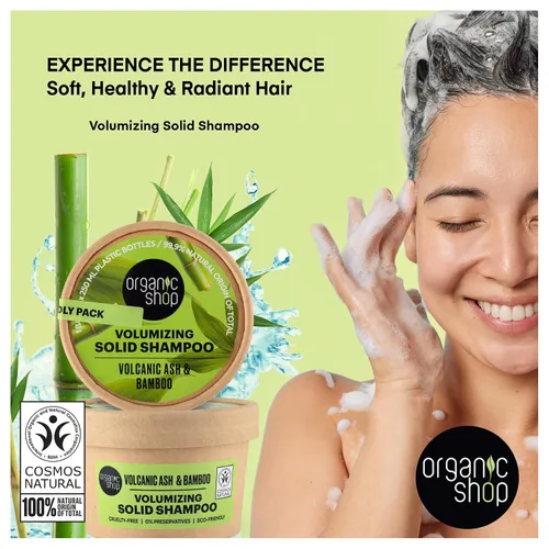 Vista 4 de Organic Shop Barra de champú sólido voluminizador de bambú y ceniza volcánica, 100% vegano y orgánico, sin parabenos y 0% conservantes, ecológico