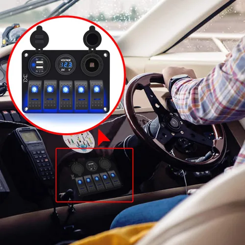 Vista 7 de FXC Interruptor basculante de barco marino impermeable, panel de aluminio de 5 segmentos con ranura USB dual 3.1A + medidor de voltios, luz LED azul