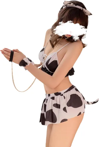 Vista 2 de SINROYEE Conjunto de bikini de vaca de anime para mujer, conjunto de brasier y bragas japonesas Kawaii sirvienta