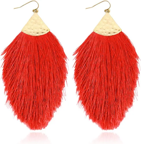 Vista 35 de Aretes bohemios de hilo sedoso con flecos y borlas – Ligeros, colgantes, con hebras y forma de pluma Fleco de plumas - Azul Aqua