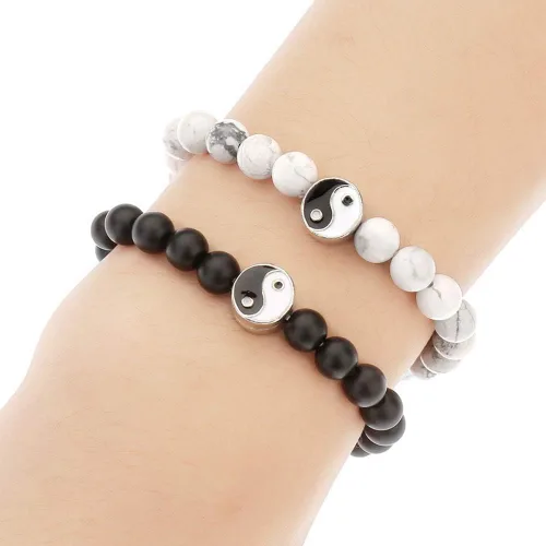 Vista 5 de Moda hombres mujeres Taiji Yin Yang Feng Shui Charm pulsera natural blanco turquesa y negro cuentas parejas pulseras amistad distancia pulsera
