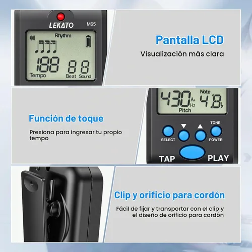 Vista 6 de LEKATO Metrónomo digital, mini metrónomo electrónico LCD recargable, voz humana, clip, 10 sonidos de ritmo, volumen ajustable, metrónomo M65