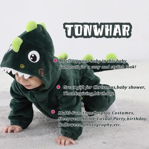 Vista 6 de TONWHAR Disfraz de Halloween para bebés y niños pequeños, traje de nieve de animales (12-18 mesesaltura 74 a 31.1 in, dinosaurio verde oscuro)