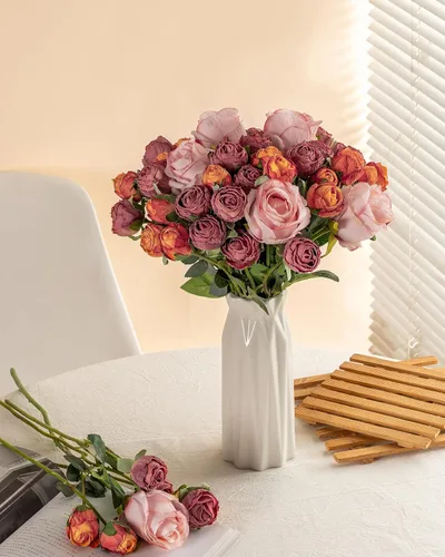 Vista 5 de DuHouse - 24 rosas artificiales vintage de seda falsa Naranja quemado