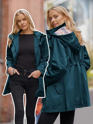 Vista 2 de SaphiRose Chaqueta larga con capucha para lluvia al aire libre para mujer, impermeable, rompevientos Algas Azul