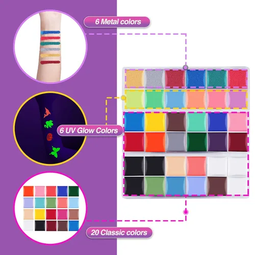 Vista 3 de VESPRO Kit de pintura facial para fiesta de adultos, 32 colores de aceite profesional para cara y cuerpo con 10 pinceles, 4 plantillas faciales