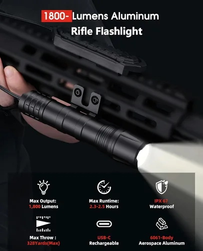 Vista 8 de EZshoot linterna táctica de 1800 lúmenes para rifle con interruptor de presión remoto compatible con M-Rail, linterna recargable impermeable IPX7