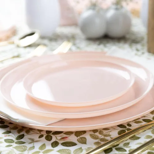 Vista 4 de EcoQuality Platos redondos de plástico desechables de 8.6 pulgadas – Platos de cena desechables grandes y resistentes para bodas, vajilla, platos