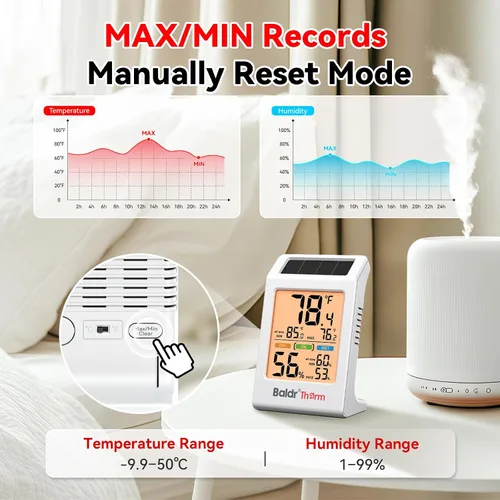 Vista 6 de BaldrTherm Room Thermometer Indoor, Humidity Meter, 2026 Upgrade Backlit Digital Humidity&Temperature Monitor Solar Powered MAX MIN Record