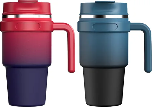 Vista 21 de Taza de café aislada de 20 onzas con asa, vaso de viaje de acero inoxidable con tapa y popote, taza térmica de doble pared al vacío a prueba de Negro