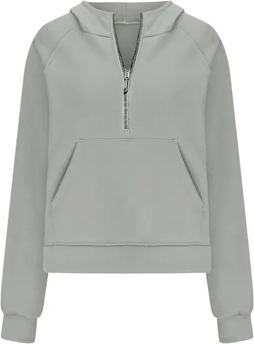 Vista 6 de Blczomt Sudaderas con capucha de media cremallera para mujer, ajuste holgado, sudaderas recortadas de manga larga con bolsillo