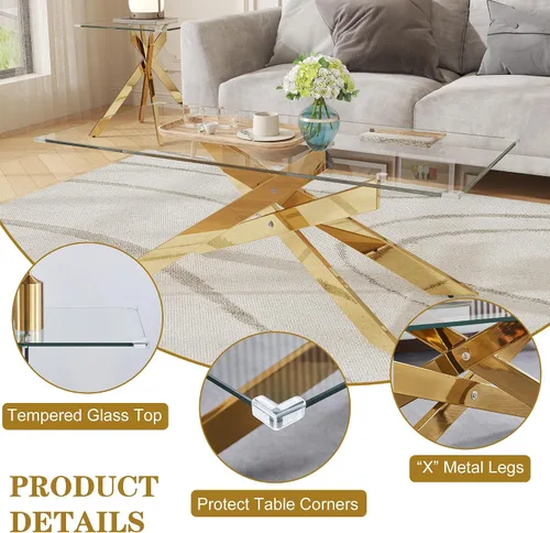 Vista 5 de Mesa de centro de cristal de 47 pulgadas con parte superior de vidrio templado y patas de metal dorado, mesa central rectangular moderna para sala