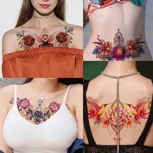 Vista 3 de Glaryyears Tatuaje temporal debajo del pecho para mujer, paquete de 10 tatuajes realistas florales grandes, calcomanías creativas de larga duración