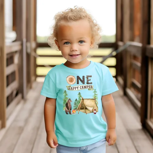 Vista 5 de Camisetas temáticas y raglanes One Happy Camper para el primer cumpleaños para acampar al aire libre para niñas y niños