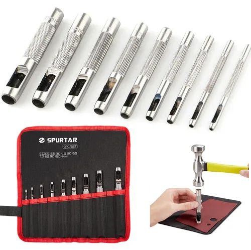 Vista 8 de Spurtar Juego de Punzones Huecos de 9 Piezas 2.5-10.0mm de Acero al Carbono de Alta Resistencia, Herramienta Redonda para Agujeros de Cuero, Kit