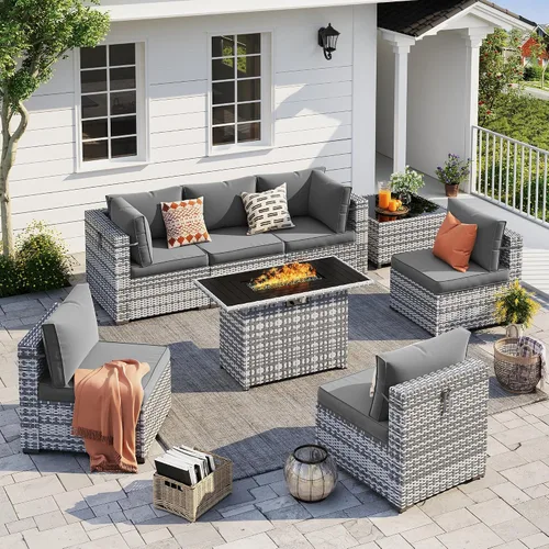 Vista 13 de UDPATIO Juego de muebles de patio al aire libre, sofá seccional modular de 7 piezas con mesa de té, juego de conversación al aire libre de mimbre PE