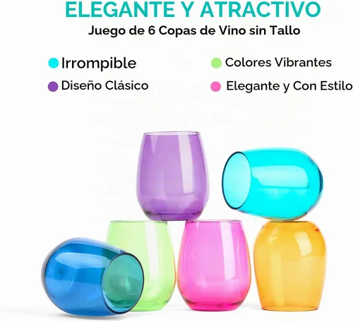 Vista 4 de pop design Copas de vino irrompibles de alta calidad, sin tallo, juego de 6 copas de vino de plástico acrílico reutilizables sin BPA inastillables