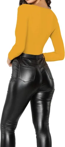Vista 202 de MANGDIUP Body esencial para mujer, cuello redondo, manga larga, ajustado, elástico, de algodón y elastano