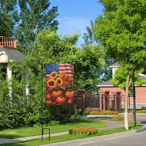 Vista 6 de Bandera de Estados Unidos, calabazas y girasoles, bandera de jardín, otoño, vacaciones, bienvenida, patio, granja, exteriores, banderas decorativas