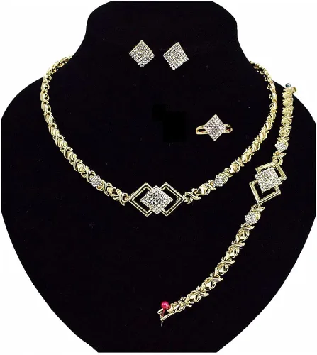 Vista 3 de Uilita Juego de joyas 2023 de oro relleno de 14 quilates para mujer, collares, boda, aretes, regalos, 4 unidades por paquete, Metal, Circonita cúbica