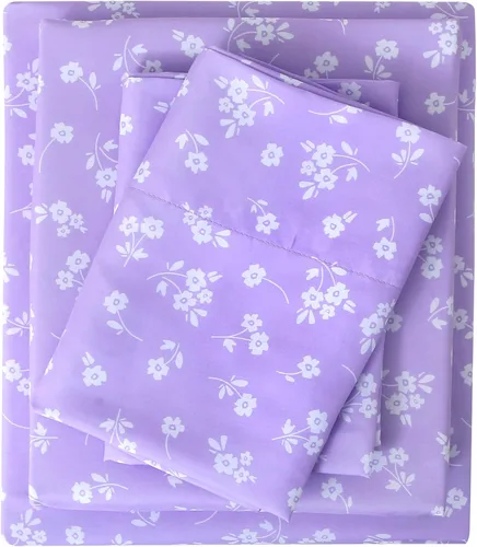 Vista 14 de Viviland Juego de sábanas tamaño matrimonial con estampado botánico de mariposas y flores rosadas y moradas, 4 piezas, sábanas de microfibra suave
