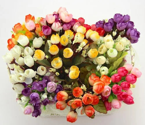 Vista 3 de Color amarillo pequeño Rosebuds ramo de rosas flores artificiales decoración de la fiesta de la pared del hogar etiqueta de la boda