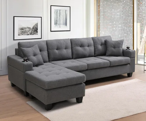 Vista 8 de Wakefit Sofá seccional, moderno juego de muebles de sala de estar de 4 plazas con diván reversible y 2 almohadas, sofá en forma de L, portavasos