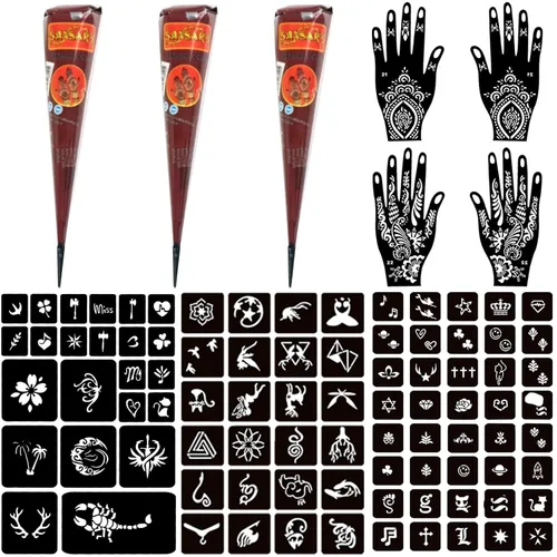 Vista 8 de Moricher kit de tatuajes de alheña, kits de tatuajes temporales, 5 conos, 96 plantillas, regalos para arte DIY, fiesta