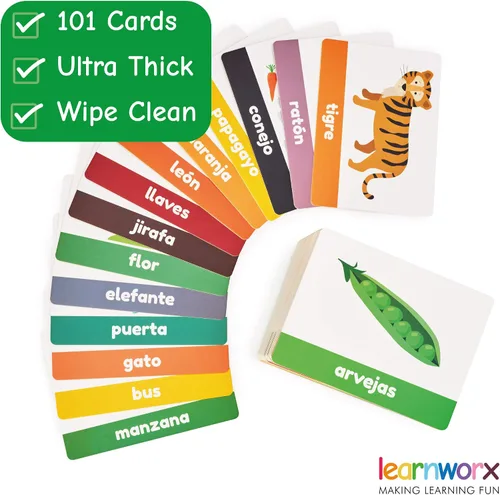 Vista 2 de Tarjetas flash españolas para niños y niños pequeños - 101 tarjetas - 202 lados - Aprende conmigo - Objetos, números y juegos - Gran valor