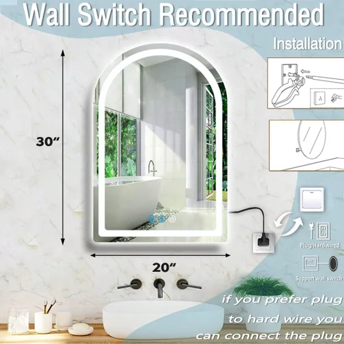Vista 6 de Espejo de arco LED de 30 x 20 pulgadas con luces antiniebla de 3 colores ajustables con brillo frontal de 30 pulgadas para baño, montaje en pared