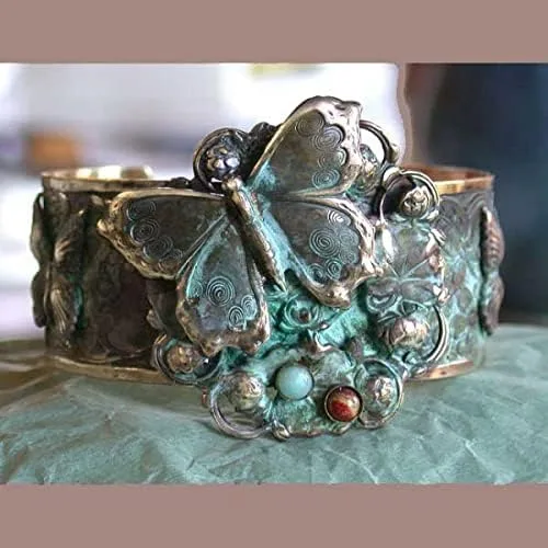 Vista 2 de Elaine Coyne Collectible Artwear Pulsera con diseño de mariposas y flores, amazonita, jaspe, fabricada en Estados Unidos, Latón, Tiendaita