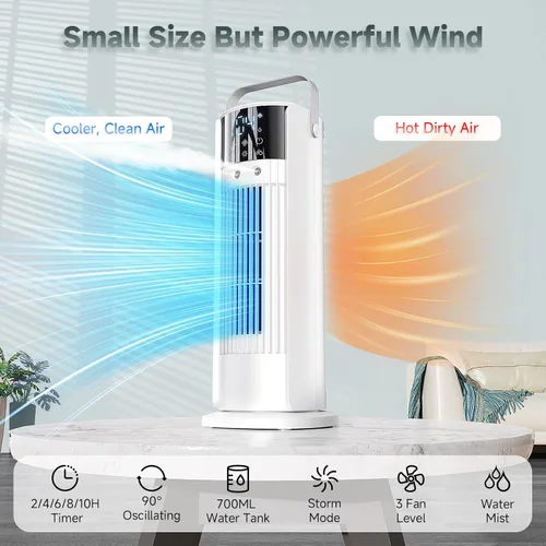 Vista 5 de Aire acondicionado portátil – Ventilador de torre oscilante de 90° con control remoto, enfriador de aire evaporativo de 16 pulgadas con 4