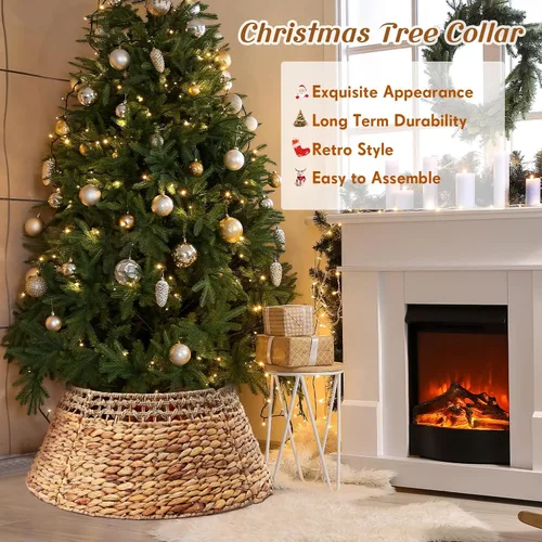 Vista 6 de Leyndo Collar de árbol de Navidad tejido de ratán para árbol de Navidad, base de árbol de Navidad rústico natural y jacinto de agua