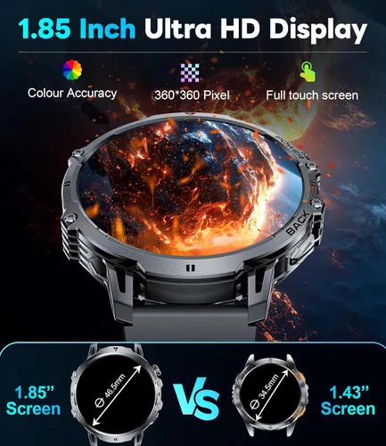 Vista 2 de Reloj inteligente militar para hombre, pantalla grande HD de 1.85 pulgadas, llamada Bluetooth, 1000 mAh, linterna, monitor de sueño de frecuencia