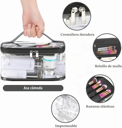 Vista 3 de HAOGUAGUA Bolsa de maquillaje transparente para cosméticos con compartimento para cepillos, portátil, impermeable, bolsa de aseo transparente