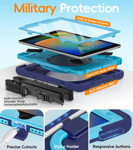 Vista 4 de BATYUE Funda para iPad de 9ª/8ª/7ª generación (funda resistente para iPad de 10.2 pulgadas 2021/2020/2019) con protector de pantalla, soporte