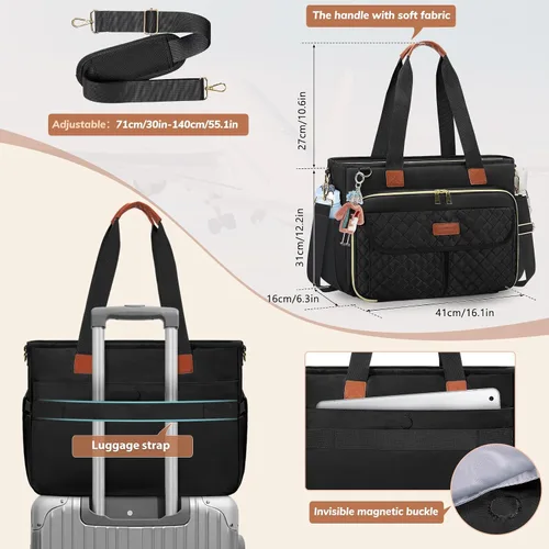 Vista 4 de Bolso de lona para laptop RAINSMORE para profesoras, bolsas de trabajo para mujer, bolso de 15.6 pulgadas con gran portavasos para enfermeras, bolso