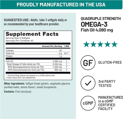 Vista 8 de NatureWise Aceite de pescado Omega 3 de fuerza cuádruple, 4080 mg, forma natural TG + capturado en estado salvaje, 2450 mg Omega 3 + 1350 mg EPA 900